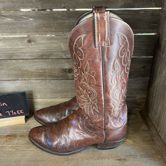 Mens Justin Marbled Leather Round Toe Brown Western Cowboy Boots Size 7.5 EE GUC - Picture 2 of 6